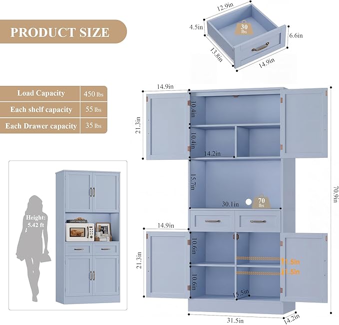 HOSTACK 71" Tall Kitchen Pantry Storage Cabinet, Modern Kitchen Hutch Bar Cabinet with Microwave Stand, Wood Buffet Sideboard with Hutch, Cupboard with Drawers, Shelves for Dining Room, Light Blue