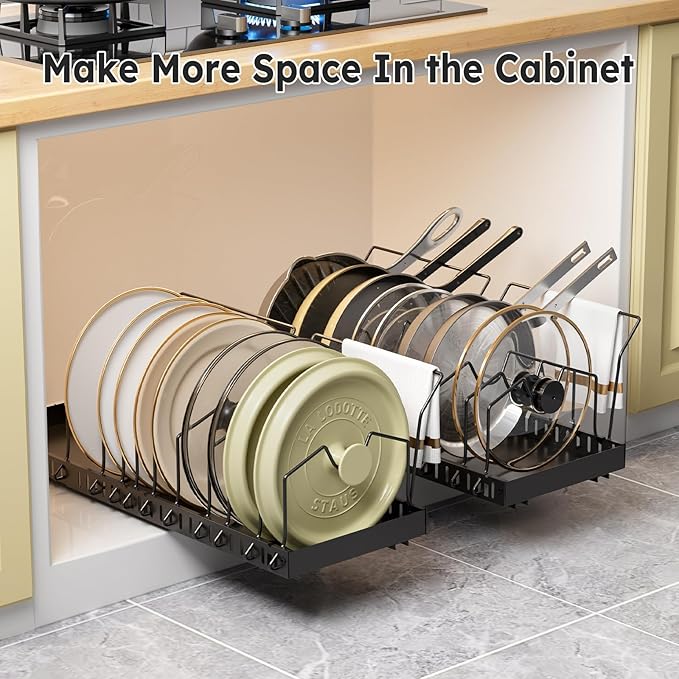 DTUQYX 2 Pack Pots and Pans Organizer Under Cabinet - Pull Out Pot and Pan Organizer Expandable Pot and Pan Lid Organizer with 10 Adjustable Dividers for Pot, Lid, Cutting Board, Dishes, Baking Tray