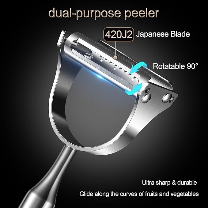 Stainless Steel Vegetable Peeler, 2-in-1 Multi-Function Design,Various Fruits and Vegetables/Straight-edge blades for peeling/Serrated blades for Julienne/Silver (Upgraded Version)