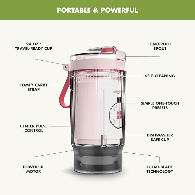GreenPan Spin & Go Portable Blender, 24oz BPA-Free Cup, Self-Cleaning, Shakes Smoothies Juices, Crushed Ice & Frozen Fruits, Leakproof Lid, Fast Charge, Personal Handheld for Travel & Gym, Ancona Blue