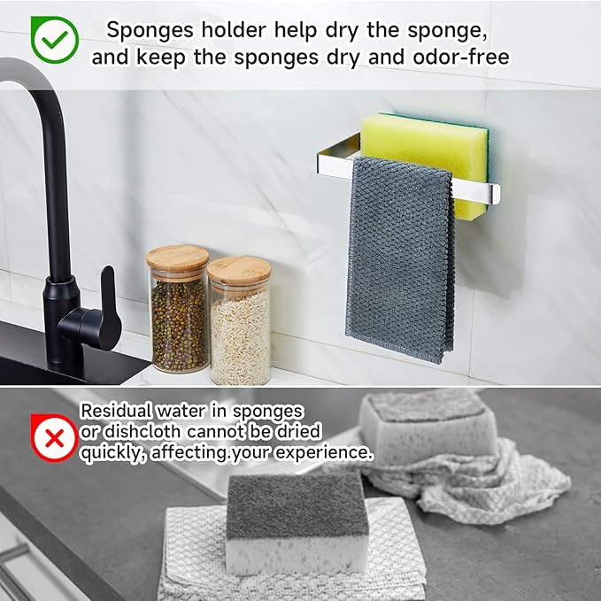 Sponge Holder for Kitchen Sink, Adhesive Dishcloth Holder, Dish Sponge Kitchen Sink Caddy 2 In 1, Metal Dishcloth Racks Sink for Dishcloths, Sponges, Brushes and Glove (Sliver)
