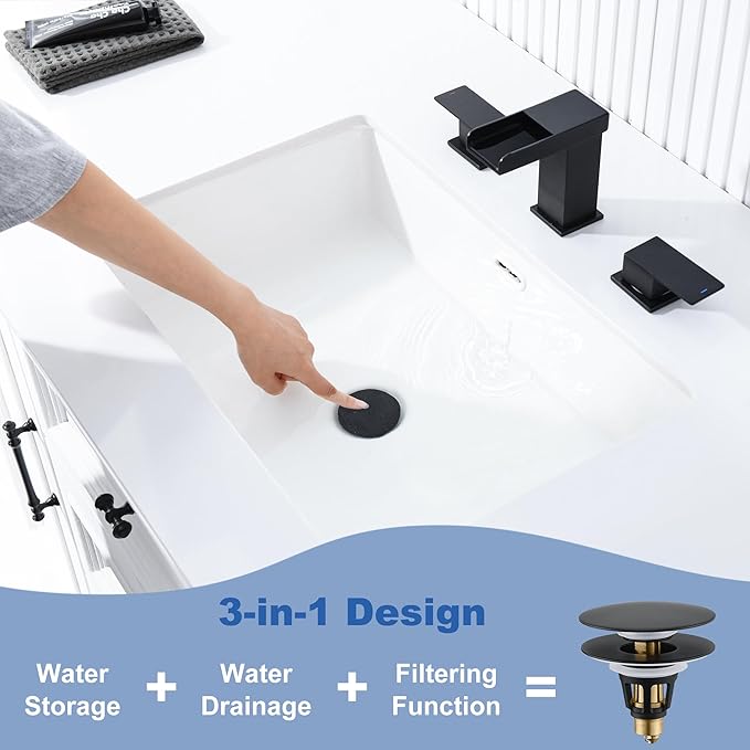 Universal Bathroom Sink Stopper - Pop Up Sink Drain Stopper, Push Button Flixfilter Sink Drain Stopper Replacement, Wash Basin Drain Filter Plug Anti-Clogging Basket, Matte Black