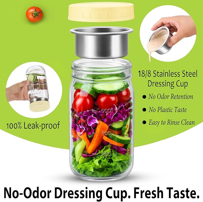 KTKUDY 4 Pack 32 oz Glass Salad Jars with Dressing Cups (Pod) - Meal Prep Salad Container for Lunch - Leakproof Mason Jars with Lids