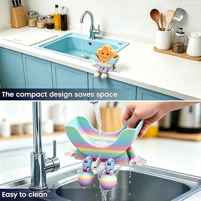 Creative Hanging Sponge Holder with Drainage/Traceless Glue, 3D Printing Countertop Funny Sponge Holders for Kitchen Sink, Keeps Your Sponge Dry & Smiling, for Scrub Daddy Holder (1, Gradient Random)