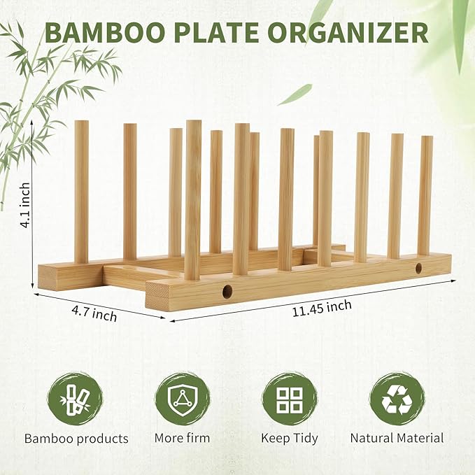 DEBETOOL 2 Pack Wooden Dish Rack Holder - Bamboo Plate Organizer for Cabinet Dishes Pots Lid & Cutting Boards, Kitchen Cabinet Space Saving Storage Solution