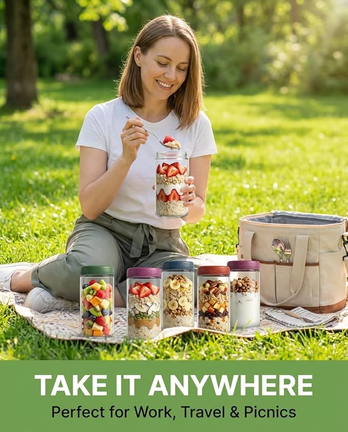24oz 4Pack Glass Overnight Oats Jars Containers with Airtight Leakproof Lids, Reusable Mason Jars for Meal Prep, Yogurt Parfaits, Smoothies, Salads & Healthy Breakfasts (24 OZ-4-1)