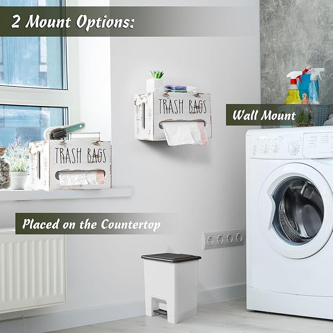 DRASTAR Trash Bag Holder, Wooden Stackable Trash bag Dispenser Wall Mount, Large Garbage Bag Dispenser for for 13-gallon Trash Bags Roll Holder, Kitchen Laundry Room Organization, Retro White