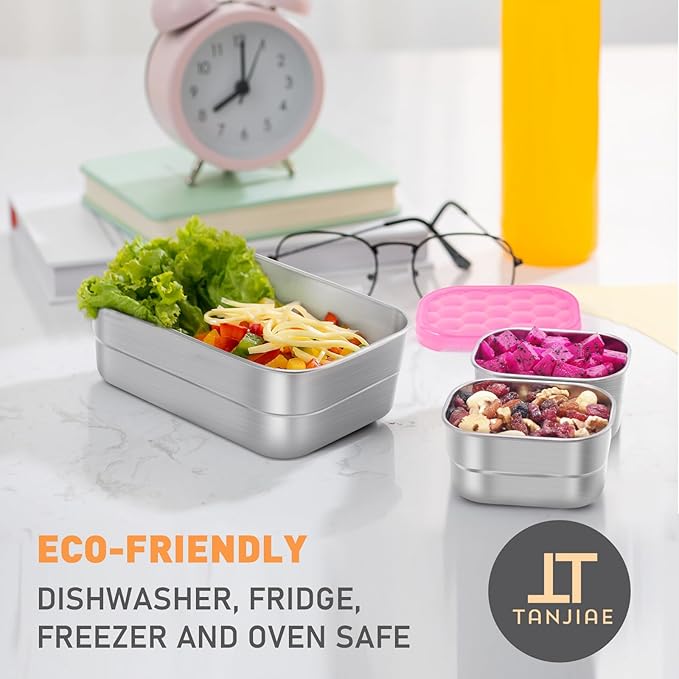 Tanjiae Small Stainless Steel Lunch Containers for Kids | Leak Proof BPA Free Snack Containers with Silicone Lids - Perfect Metal Snack Containers with Lids for School and Daycare (25oz+8oz*2)