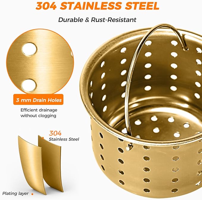Deep Sink Strainer Basket – Fits Standard 3-1/2" Kitchen Drains – Gold Stainless Steel Removable Strainer with 30 Disposable Mesh Bags – Makes Cleaning Food Debris Quick & Easy