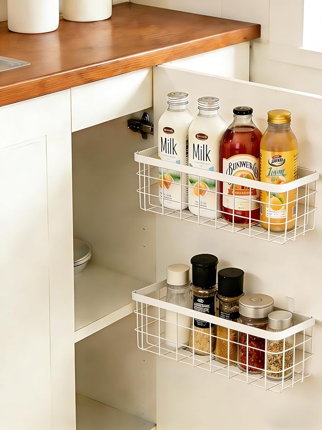 2 Pack Hanging Wire Storage Baskets, Metal Wall Organizer, Adhesive Wall Storage Shelves for Kitchen, Bathroom Pantry (Spice Rack, Cabinet Organizer, Shower Caddy) White