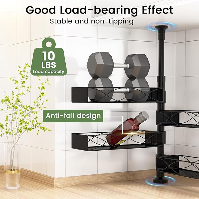 Mixoo Spice Rack Organizer Tension Pole, 4-Tier Adjustable Spice/Seasoning Organizer for Kitchen Countertop, Space-Saving Spice Storage Corner Shelf for Kitchen, Coffee Area, 16.5-23.6 Inch, No Drill