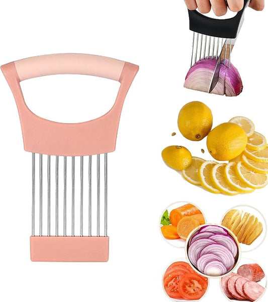 Upgraded Stainless Steel Lemon Slicer Onion Cutter, Onion Holder for Slicing, Vegetable Cutter Kitchen Chopper Slicing Assistant Tool for Potato and Tomato Avocados Eggs Meat (1, Pink)