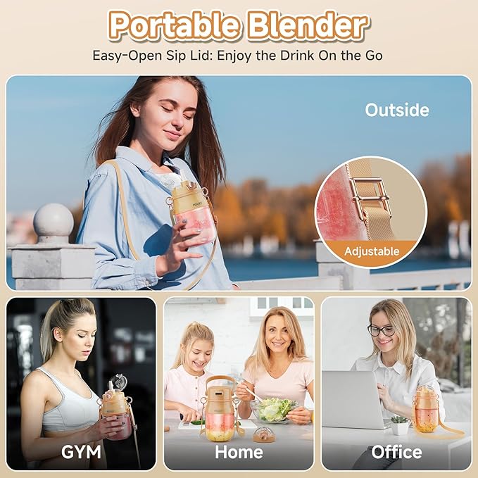 Portable Blender, Personal Blender for Shakes and Smoothies with 27oz Cup, Lid and Shoulder Strap, Type-C USB Rechargeable, BPA-Free for Travel/Kitchen (Light Orange)