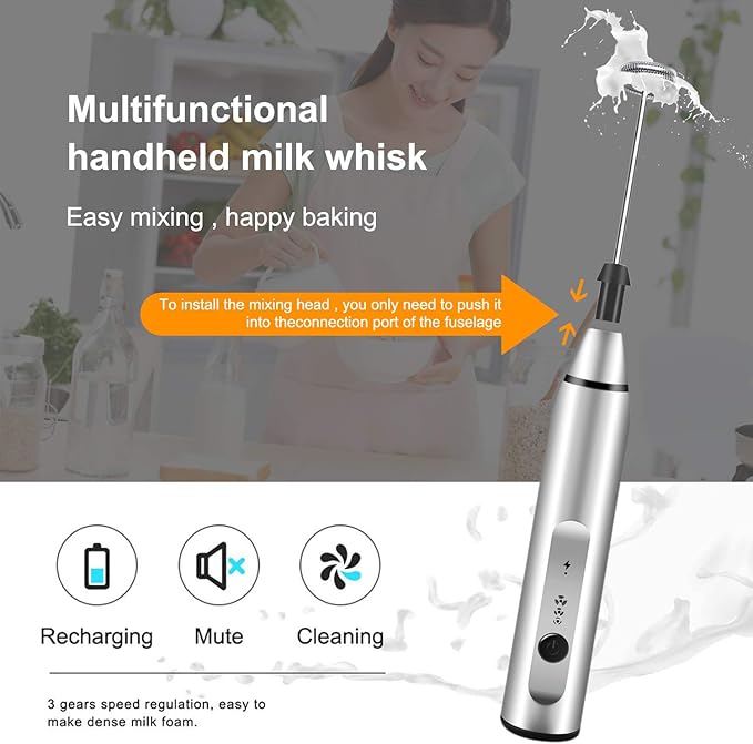 Milk Frother Handheld, Gbivbe Rechargeable Whisk Drink Mixer for Coffee with Art Stencils, Coffee Mixer for Cappuccino, Hot Chocolate Match, Frappe, Hot Chocolate, Egg Whisk
