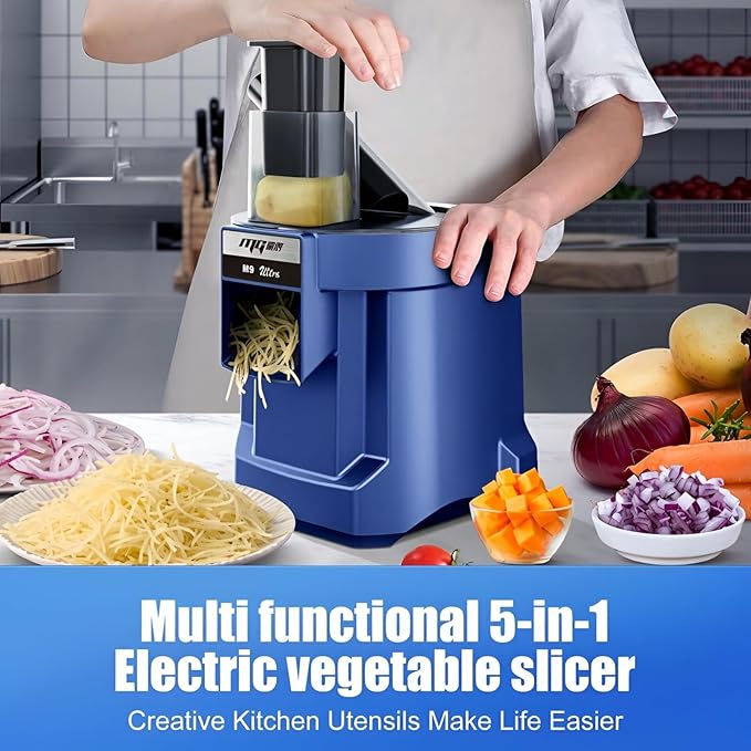 MOGAN 5-In-1 Electric Vegetable Cutter, Commercial Vegetable Slicer Fruit Slicer Machine, Veggie Food Processor Dicer Chopper Stainless Steel Blades for Slicing Shredder Dicing for Home and Kitchen