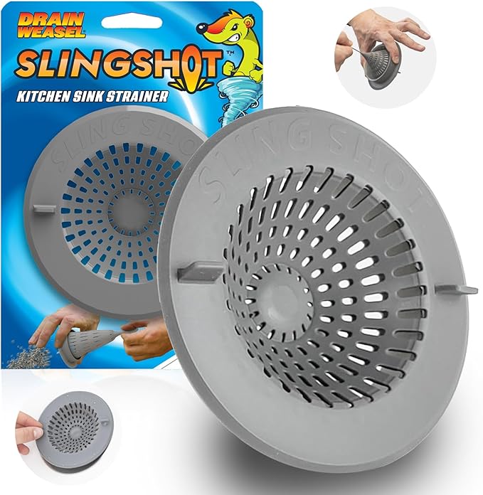 Drain Weasel Slingshot Kitchen Sink Drain Strainer Cover Basket, Food Catcher and Stopper, Screen Filter, Dishwasher Safe, Silicone and Plastic, 1 Pack