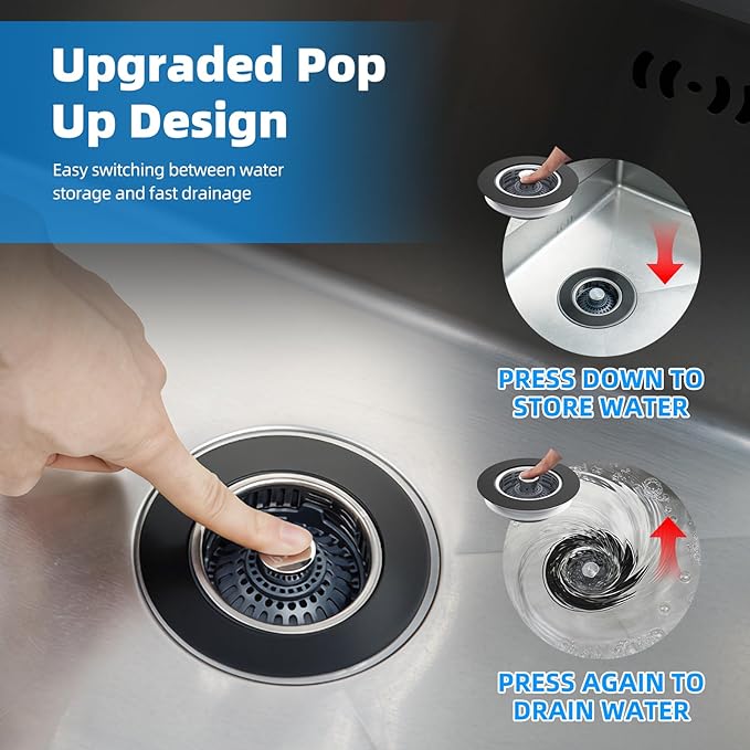 Hibbent Upgraded 3 in 1 Kitchen Sink Drain Strainer, Stainless Steel Pop Up Sink Stopper, Larger Anti-Clogging Basket, 3-Layer Seal, Detachable Drain Plug for US Standard 3-1/2" Drain, Matte Black