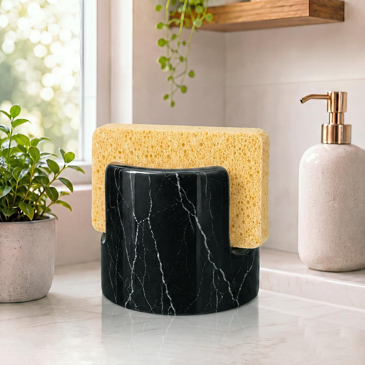 Black Natural Marble Sponge Holder for Kitchen Sink Travertine