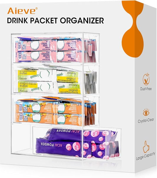 Drink Packet Organizer, Drink Mix Holder with 4 Clear Drawers