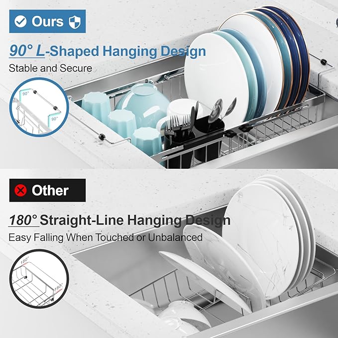 GSlife Expandable Over the Sink Dish Drying Rack with Cup Holder - Stainless Steel Dish Drainer with Locking Knob, Size Adjustable Dryer Strainer for Kitchen, Fit Sink 10.8"-17.9" L, Silver