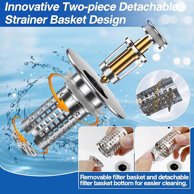 Bathroom Sink Drain Strainer(New-2pcs), Pop-up Sink Drain Strainer with Removable Stainless Steel Strainer Basket Hair Catcher, Bathroom Sink Strainer for Bathroom Sink Stopper Replacement