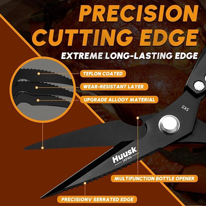 Huusk Kitchen Scissors for Food - Stainless Steel, Sharp Black Meat Scissors, Dishwasher Safe, Heavy Duty Poultry Shears, Japanese Cooking Scissor for Chicken, Turkey, and More