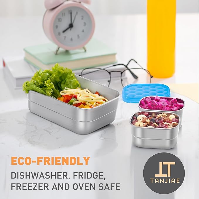 Tanjiae Small Stainless Steel Lunch Containers for Kids | Leak Proof Snack Containers with 100% Pure Silicone Lids - Perfect Metal Lunch Box with Lids for School and Daycare (25oz+8oz*2)