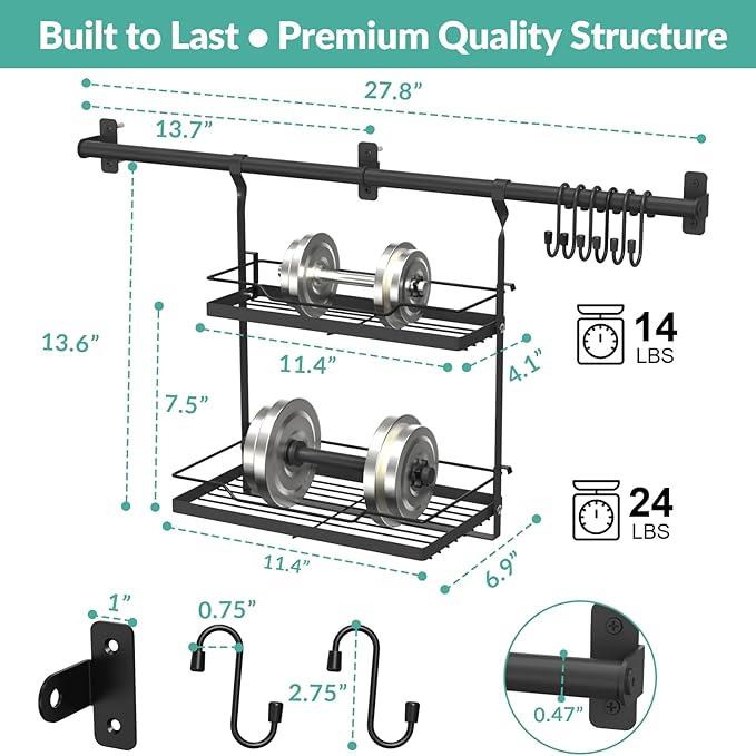 NADAMOO Spice Rack Wall Mount, 2-Tier Storage Shelf with Towel Bar, Utensil Hanger with Hooks for Kitchen, Bathroom, Pantry, Laundry, Matte Black Heavy Duty Metal Organizer