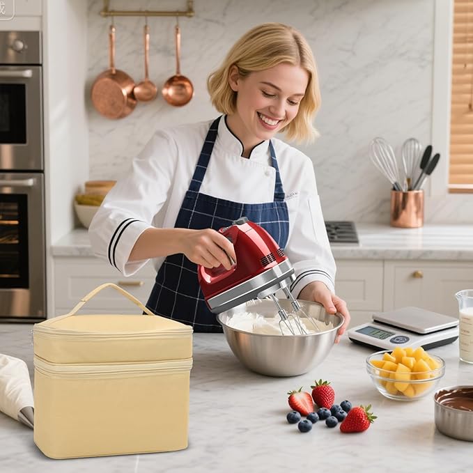 Hand Mixer Case for Kitchen Aid - Immersion Blender Attachments Storage Bag Blender Stick Handheld Carrying Case with Handle Hand Mixer Accessories, Portable Travel Organizer (Bag Only) Yellow