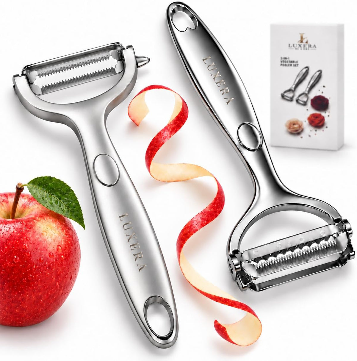 LUXERA Vegetable Peeler Set, 2 Pack Stainless Steel Peelers, Fine Serrated Peeler & 2-in-1 Reversible Julienne Peeler for Potato, Carrot, Apple & More.