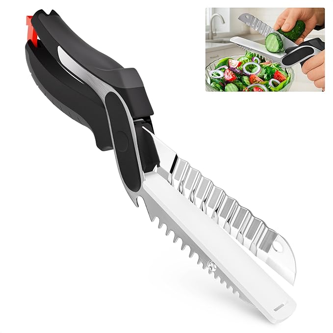 Cutting Board Scissors for Food – 6-in-1 Kitchen Shears with Ribbed Blade, Automatic Spring & Safety Lock, Dishwasher Safe – Cheese Scissors for Easy Slicing of Meat, Fish, Veggies, Fruits & Bread