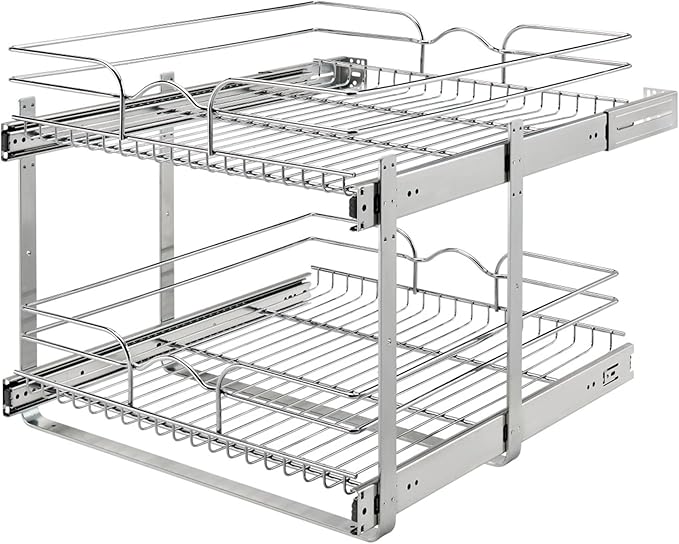 Rev-A-Shelf 2-Tier Pullout Shelf and Drawer Organizer for Kitchen Cabinets, Slide Out Storage Basket, Min Opening Width of 23.5", 24" x 22", 5WB2-2422-CR-1