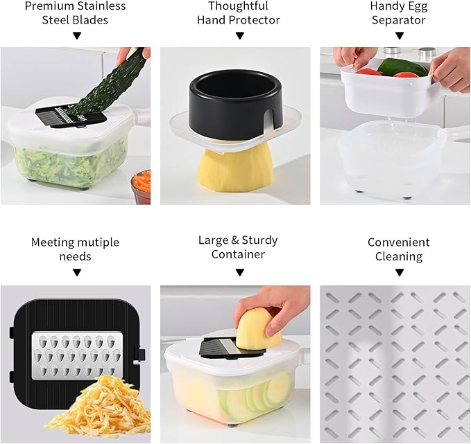 Vegetable Chopper, 3 Blade Veggie Chopper with 7.6 Cup Container, Mandoline Slicer Fruit Cutter with Strainer Basket & Safety Holder, BPA & PFAS Free Food Chopper for Onion Potato Carrot