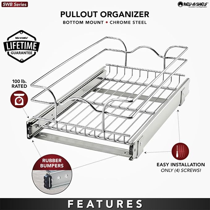 Rev-A-Shelf Steel Wire Pullout Drawer Organizer Shelf for Kitchen Cabinets, Slide Out Storage Basket, Min Opening Width of 11.5", 12" x 20", 5WB1-1220CR-1