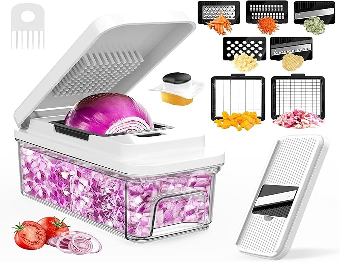 Vegetable Chopper with Container, Onion Chopper Dicer Cutter Slicer, 10-in-1 Food Chopper with 7 Blades, Veggie Cutter Slicer for Fast Salad Potato Carrot Garlic Meal Prep Kitchen Gadget