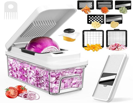 Vegetable Chopper with Container, Onion Chopper Dicer Cutter Slicer, 10-in-1 Food Chopper with 7 Blades, Veggie Cutter Slicer for Fast Salad Potato Carrot Garlic Meal Prep Kitchen Gadget
