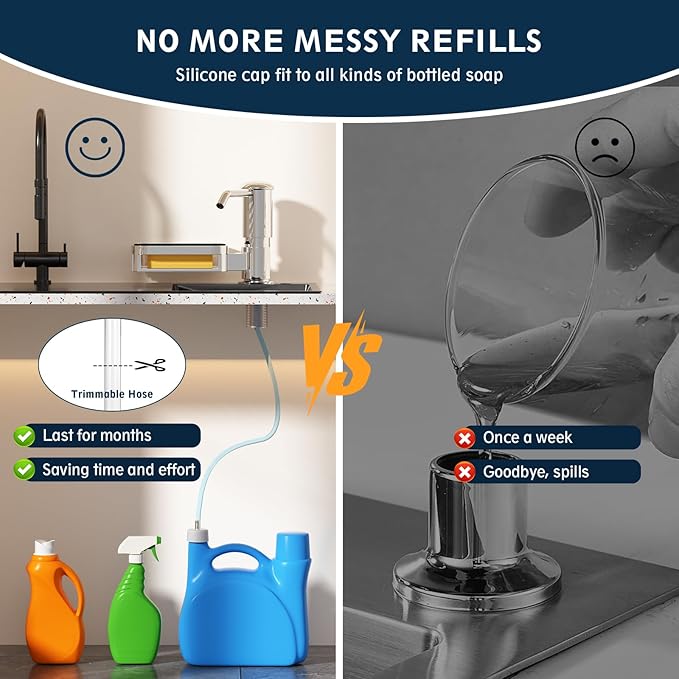 Soap Dispenser for Kitchen Sink, Mecyfaty Under Counter Sink Soap Dispenser Pump with 39" Extension Tube Kit, Built in ABS Kitchen Dish Soap Dispensers with Sponge Holder, No More Refills, Chrome