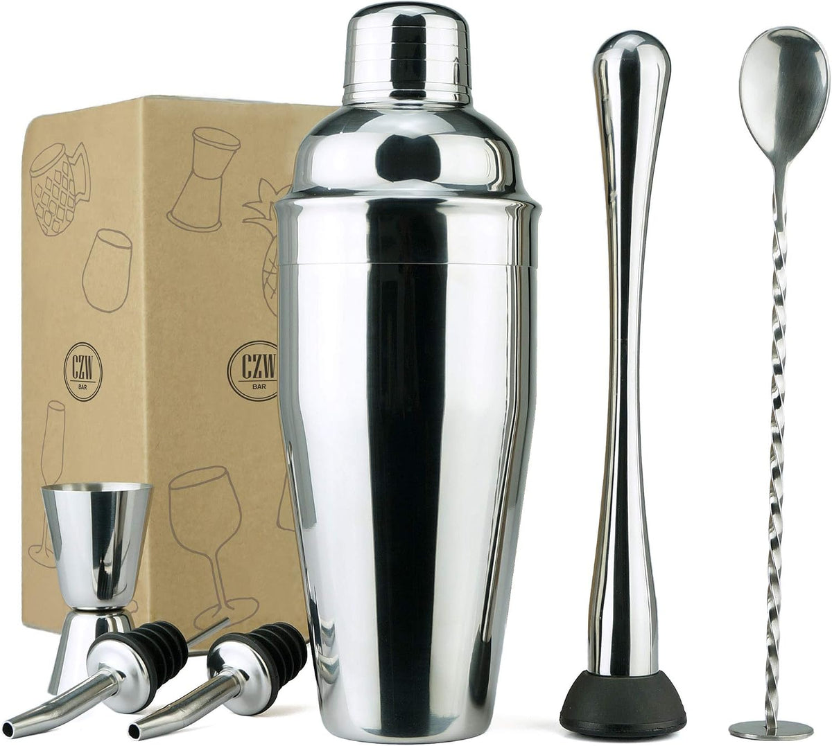 Professional Bartender Kit - 6PC Premium Cocktail Stainless Steel Shaker Set - 24oz Martini Shaker Gloss Finish, with Muddler, Stirring Spoon, 2X Wine Pourer, and Double Jigger