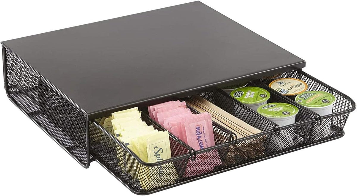 Coffee and Sugar Organizer 3274BL Hospitality Tray, Home, Office, & Hotel, 1 Drawer, Black, 12"W x 11"D x 3 ¼"H