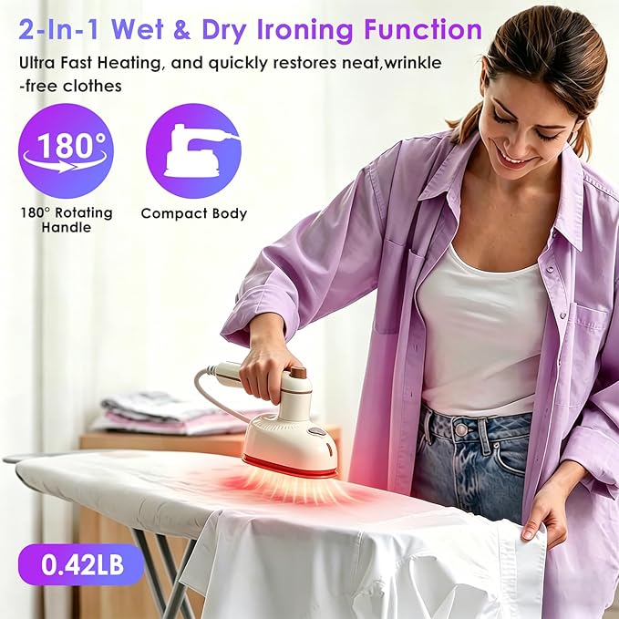 Travel Steamer Mini Iron for Clothes, 2 in1 Portable Handheld Iron for Clothes - 10s Fast Heat-up Travel Small Size Foldable Wrinkle Remover for Home, Dorm, College