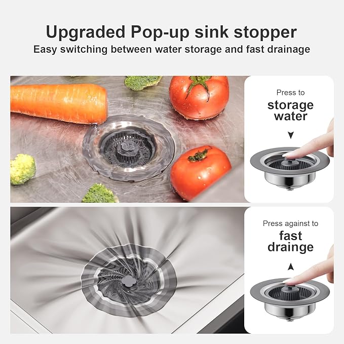3 in 1 Kitchen Sink Drain Strainer and Stopper, 304 Stainless Steel Pop-up Anti-Clogging Basket Strainer, Fast Drainage Kitchen Sink Plug for Standard 3-1/2" Drain Hole