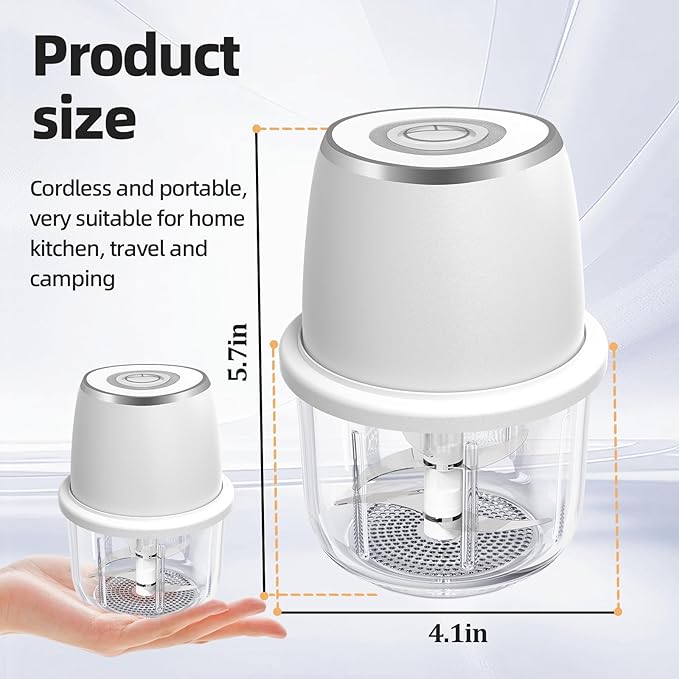Electric Mini Garlic Chopper, Mini Food Chopper & 350ml Portable Cordless USB Rechargeable Garlic Chopper, Best Mini Chopper for Onion, Herb, Nut, Easy to Clean Glass Container （Witer)
