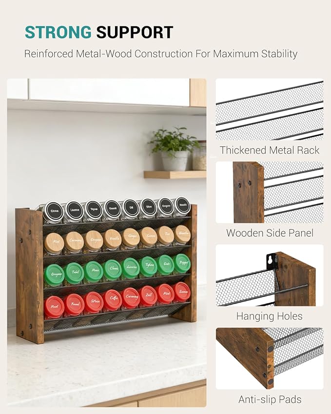 NESAPTO Spice Rack Organizer for Cabinet, Wood 4-Tier Vertical Seasoning Organizer, Wall Mount or Countertop Spice Shelf, Holds 32 Jars (No Jars Included), 15.7" W x 9.4" H