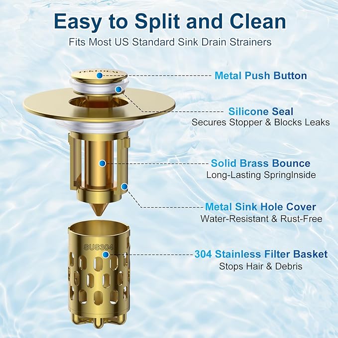 Bathroom Sink Drain Strainer,All Metal Pop-Up Sink Stopper with Removable Stainless Steel Filter Basket, Universal Bathroom Hair Catcher Fit for 1.1-2.36'' Drain (Gold, 2 Pack)