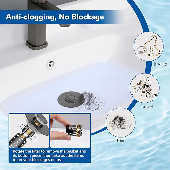 Hibbent 2 Pack 3 in 1 Bathroom Sink Drain Strainer, Universal Pop Up Stopper with Removable Stainless Steel Filter Basket Hair Catcher, Sink Plug for 1.1''~2.36'' Basin, Brass Bullet Core, Grey