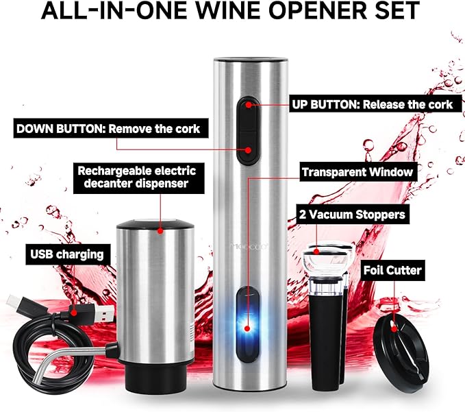 Moocoo Electric Wine Opener Gift Set, Automatic Electric Wine Bottle Corkscrew Opener Rechargeable with Foil Cutter, Automatic Aerator, 2 Vacuum Stoppers for Home Bar Outdoor Parties, Stainless Steel