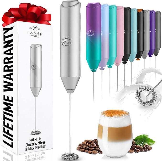 Zulay Kitchen Milk Frother Handheld Battery Operated – Electric Drink Mixer for Coffee, Lattes, Cappuccinos, Matcha & Hot Chocolate – Portable Foam Maker & Coffee Bar Accessory - Clear Silver