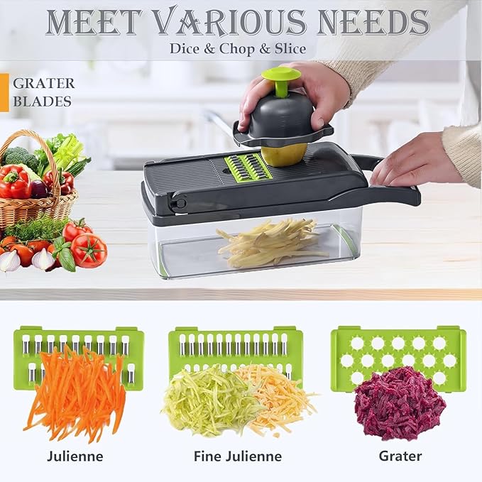 16-in-1 Vegetable Chopper, Mandoline Slicer, Veggie & Food Chopper with Container, Onion Dicer, Vegetable Cutter & Spiralizer for Salad – Home Kitchen Essential.