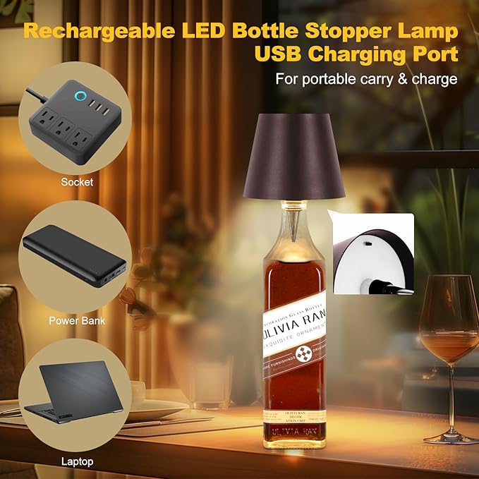 Wireless Bottle Lamp, 2026 New 3 Color Rechargeable Led Wine Bottle Lights for Bars Restaurants (Brown, 1PC)