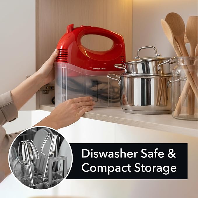 OVENTE 5-Speed Corded Electric Hand Mixer with Stainless Steel Whisks, Compact Portable Design with Snap-On Storage Case,150W Lightweight Handheld Mixer for Baking & Cooking, Red HM151R
